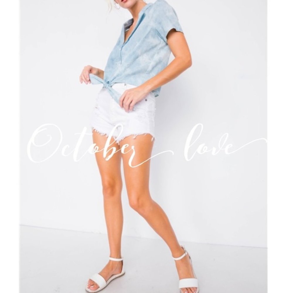 denim tie dye crop top with tie front